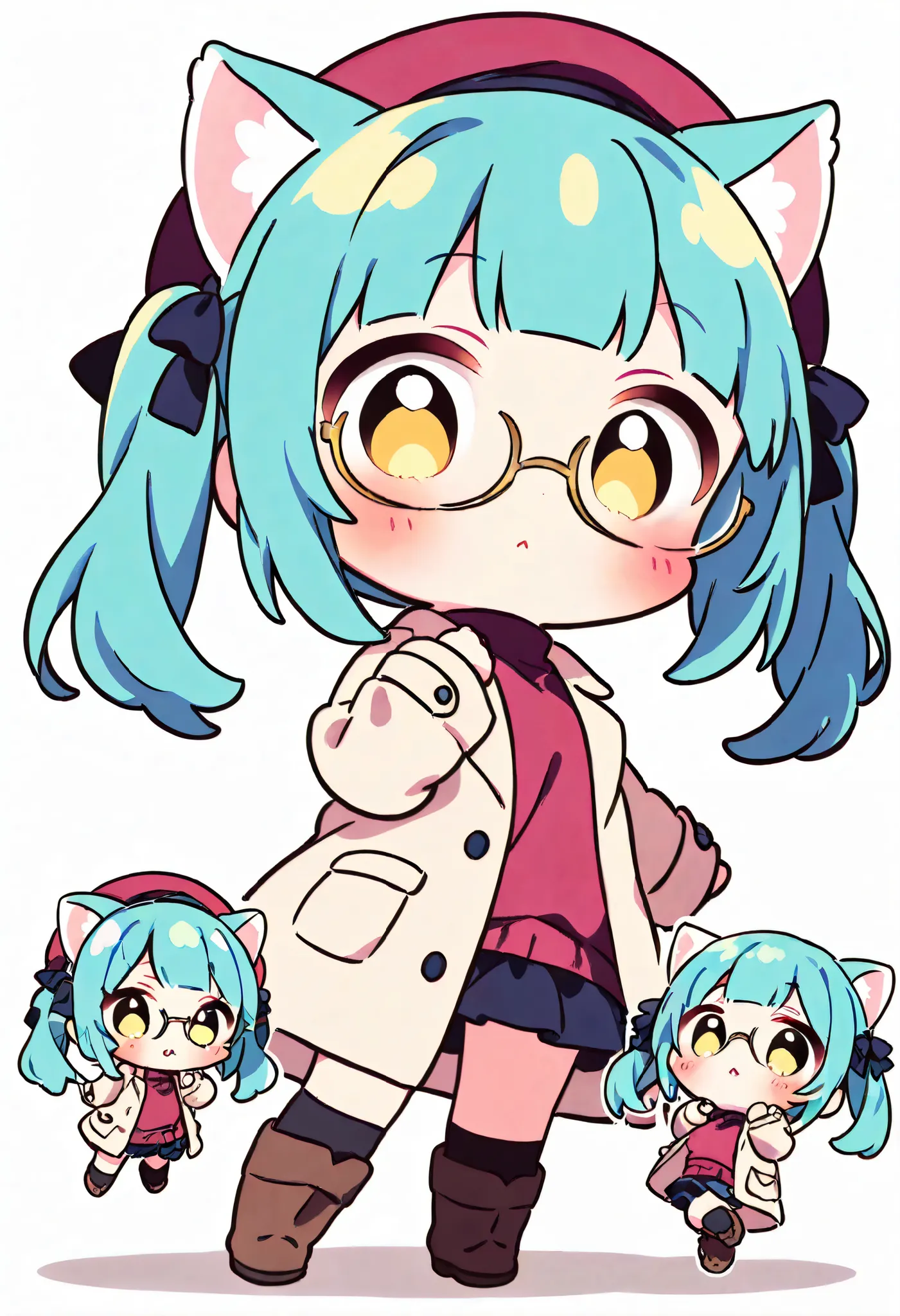 masterpiece, best quality, 1girl, long high twintails, blunt bangs, aqua hair, golden eyes, glasses, with aqua cat ears, no human ears,, hair ribbon, knee socks, boots, hat, coat, sweater, white background, hyper detailed, anime, hard-edged, golden ratio, ...