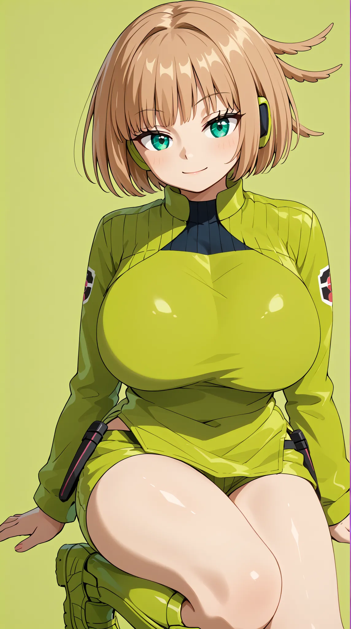 (UHD, retina, masterpiece, accurate, anatomically correct, super detail, high details,   highres, 1080P, 16k、high detail RAW color art:1.3)、(Kirie Konami ai:1.3)、(short hair、light brown hair、bangs、green　Eye  1.3)、(very gigantic breasts:1.3)、(shiny skin:1.3...