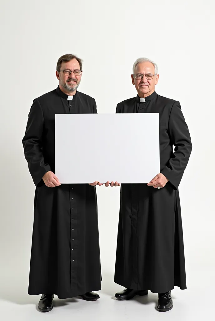 
créer la photo de deux curés prêtres catholiques tenant une affiche blanche