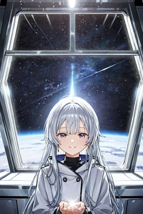 long haired girl, dressed in a white overcoat , stands by the spaceship window