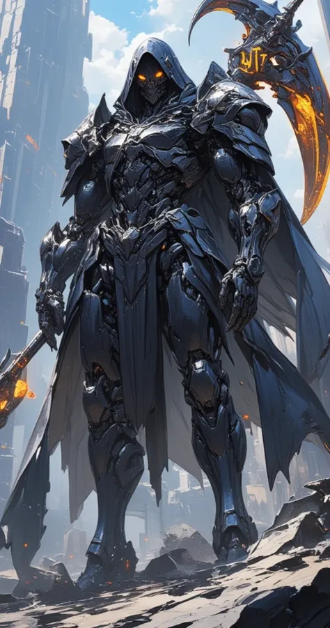 The death reaper, in awesome technical battle heavy armor ,a beautifully scythe engraved with glowing  WT7 letter, semi realistic anime style,sci fci theme