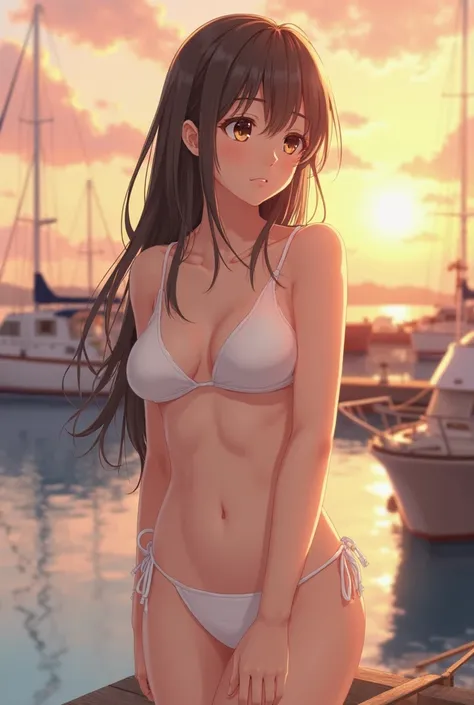 A realistic portrait of a Japanese girl. Cute face, white bikini, Hime hairstyle, looking to the side, fair skin, C-cup breasts, a faint smile at the corner of the mouth. The background is a beautiful harbor with sea view and sunset. The atmosphere around ...