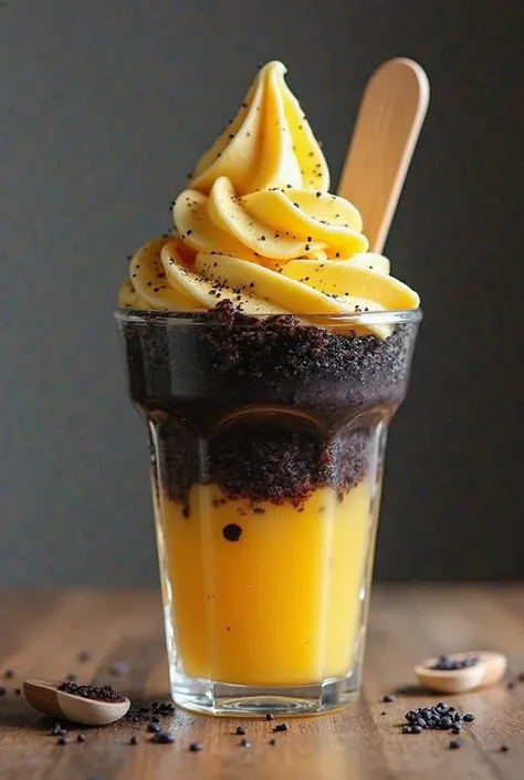 Can you create image a packaging for ice cream which first layer black and inside yellow it make from Jack fruit and Black sesame) black with yellow inside Ice cream with sticks( modern,  general ice cream lover, logo GCA ) 