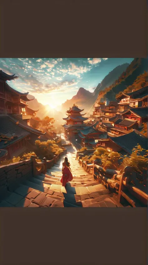 Creating a beautiful panorama at a traditional Chinese village Country in the mountains, Chinese temple on the mountain, Beautiful sun, beautiful sky, Beautiful clouds, There is a Chinese king walking along the village road, Masterpiece, best quality:1.2),...