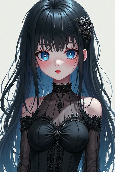 1girl, cute, young, goth girl, black hair, blue eyes, red lips, black clothing, anime toon style