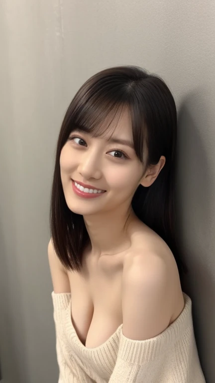  female 1 person, beauty, beautiful face,smile、(Lean forward and lean forward :1.3)、( topless:1.4),Depiction of genitalia,Detailed Breastfeeding Head, Wakino,  Oversized Sweater , off-shoulder tops ,( cleavage is visible :1.2),Dignified appearance,,(plump ...