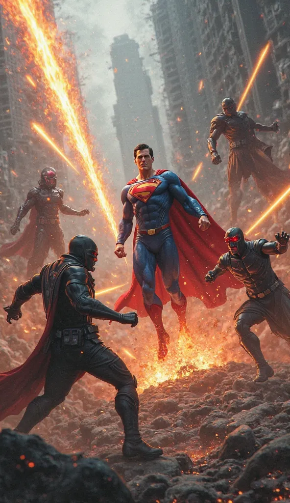 Prompt: Superman fighting three dark Kryptonian warriors, blocking attacks while heat vision blasts through the battlefield.