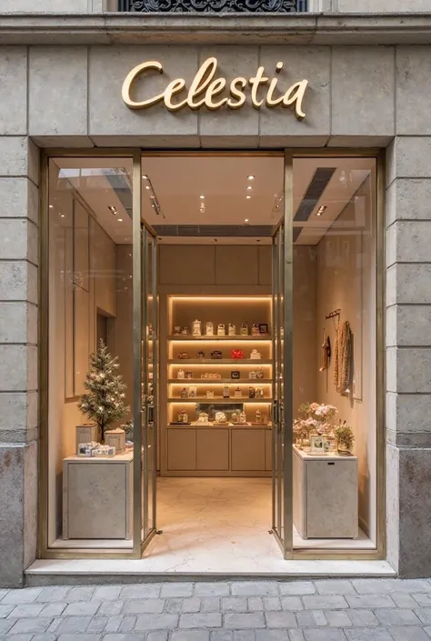 continue la façade et vitrine de ma boutique assez grande je veux quelque chose avec du beige du doré  mais avec un style accessible et urbain pour des jeunes de 20-30ans pour un panier moyen de 100€. Je suis une une parfumerie et son nom est Celestia