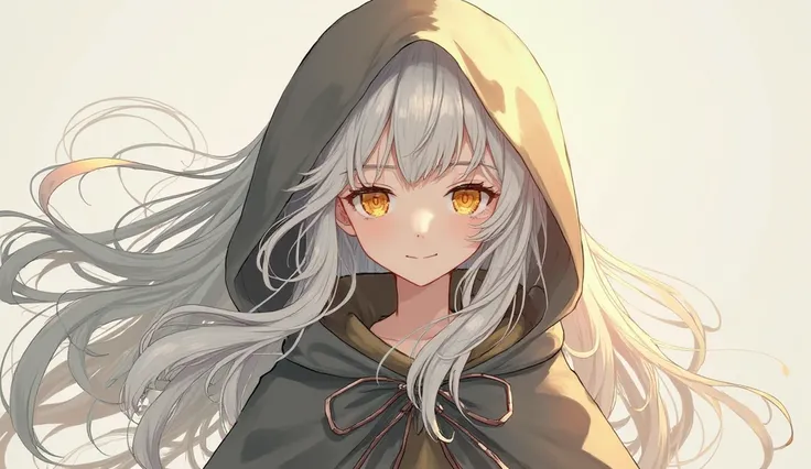 Shibi girl character dressed in middle aged clothes , yellow eyes , white hair,Alone,  long hair , looking at the viewer, smile, Fond simple, hood,  full body 