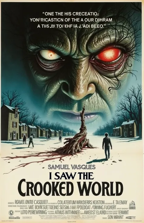 Create poster art in the style of horror movies from the 80s for the book with the following synopsis: **I Saw the Crooked World**

He was once famous, Power and influence. agora, all that remains is a ruined reputation and the obsession with one last majo...