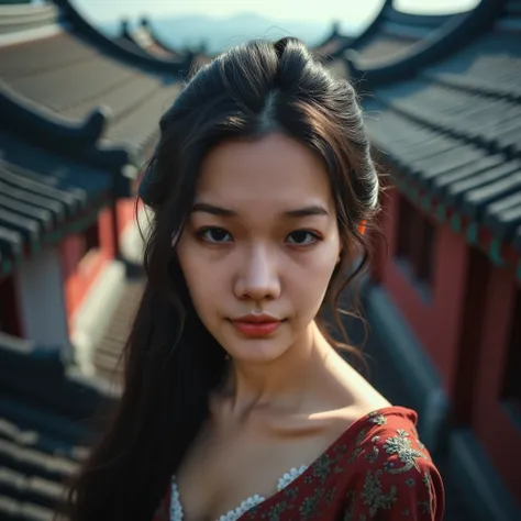  Taiwan Young Beauty ， The sharp eye ，Old Man Women ， bust photo ，Roofs of ancient buildings in Chinese style，Light Jumping，Realistic photos