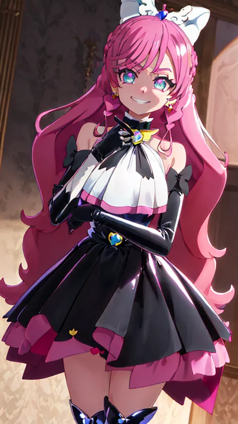 best quality, ultra detailed,1girl, solo, ((cure_prism_hirogaruskyprecure)), long hair, green eyes, pink hair, bow, bangs, black bow, 1girl, , gloves, holding, looking at viewer, black gloves, earrings, black skirt with frills, , black enamel boots, evil s...