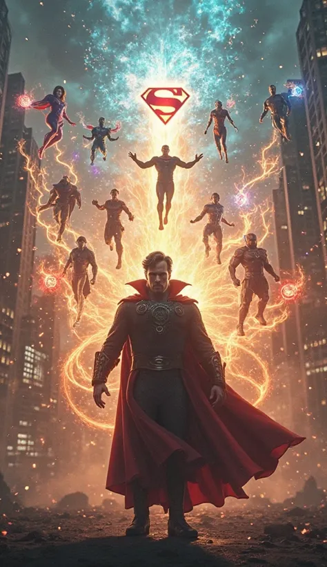 Prompt: Doctor Strange opening multiple portals, bringing in warriors from different dimensions to help Superman.