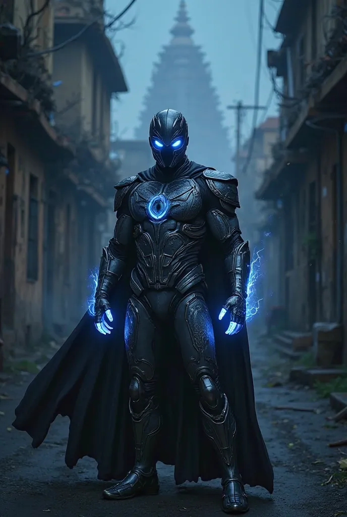 **Prompt for Image Generation:**  

"A young, handsome, and fit masked superhero from Bhawanipatna, Kalahandi, West Odisha, stands in a dark, misty alley at midnight. He wears a modern, sleek black and silver armored suit with intricate Odia tribal pattern...