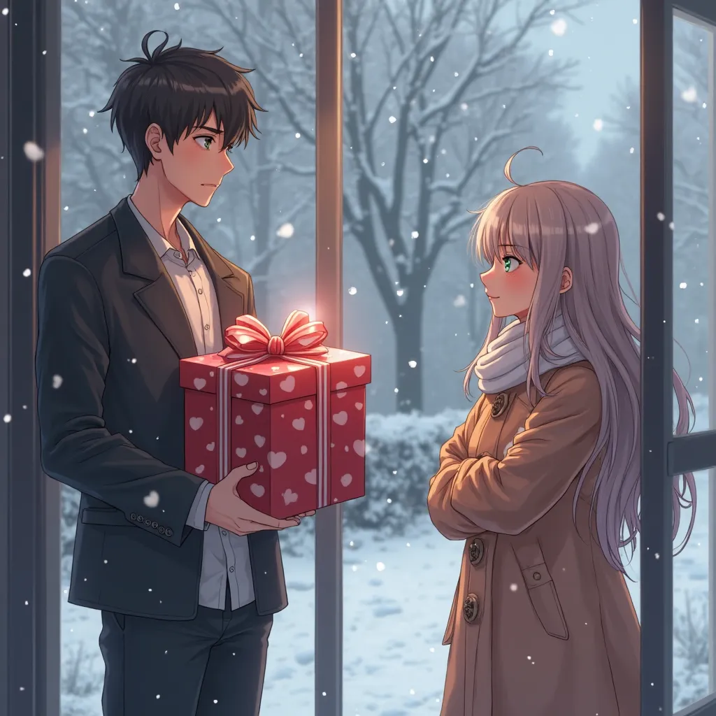 The same office setting, but now it's morning. The young man, still exhausted, is standing outside in light snowfall, holding a beautifully wrapped Valentine’s gift. He looks hopeful yet slightly nervous. A girl with long hair, wearing a cozy winter coat, ...