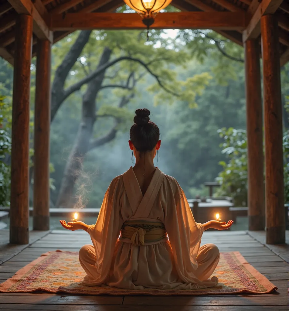 mystical healer, Japanese wellness master, traditional kimono, wooden pavilion, hot spring steam, herbal medicine, energy healing, spiritual guidance, meditation pose, nature connection, serene atmosphere, incense smoke, crystal therapy, glowing hands, ons...