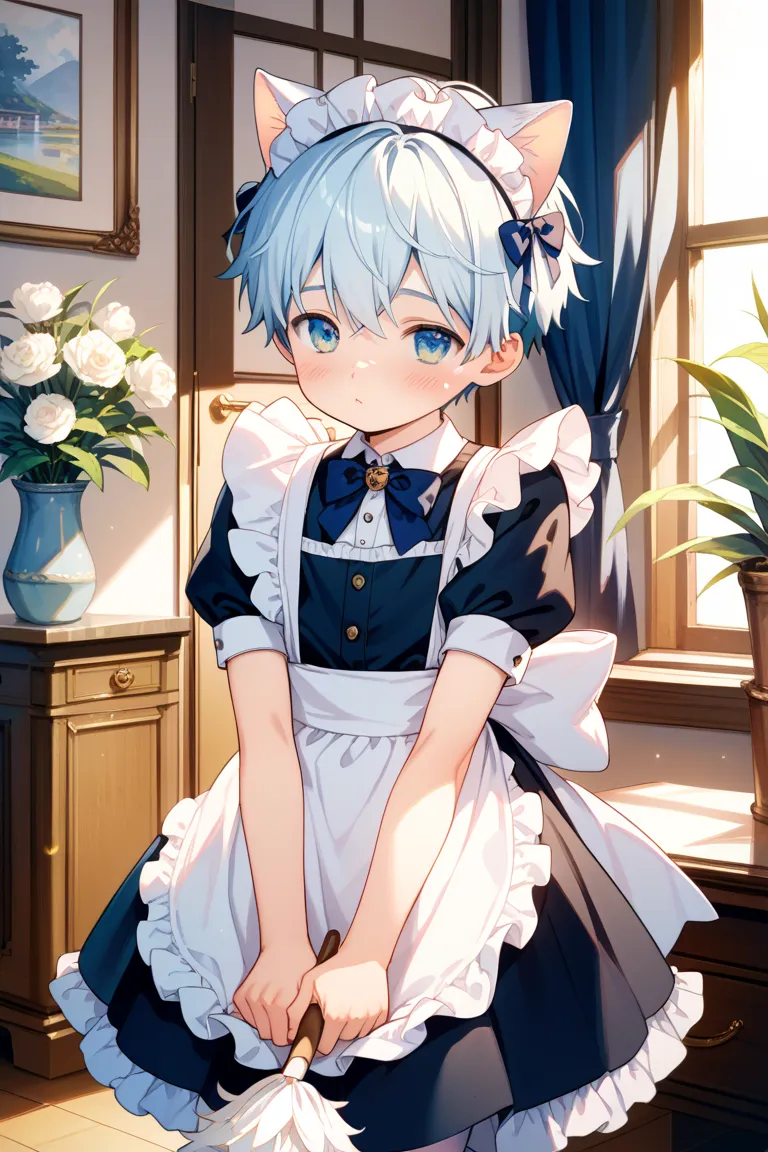  a boy，cute， blue short hair ，Cat ears， Shota，maid outfit，white stockings