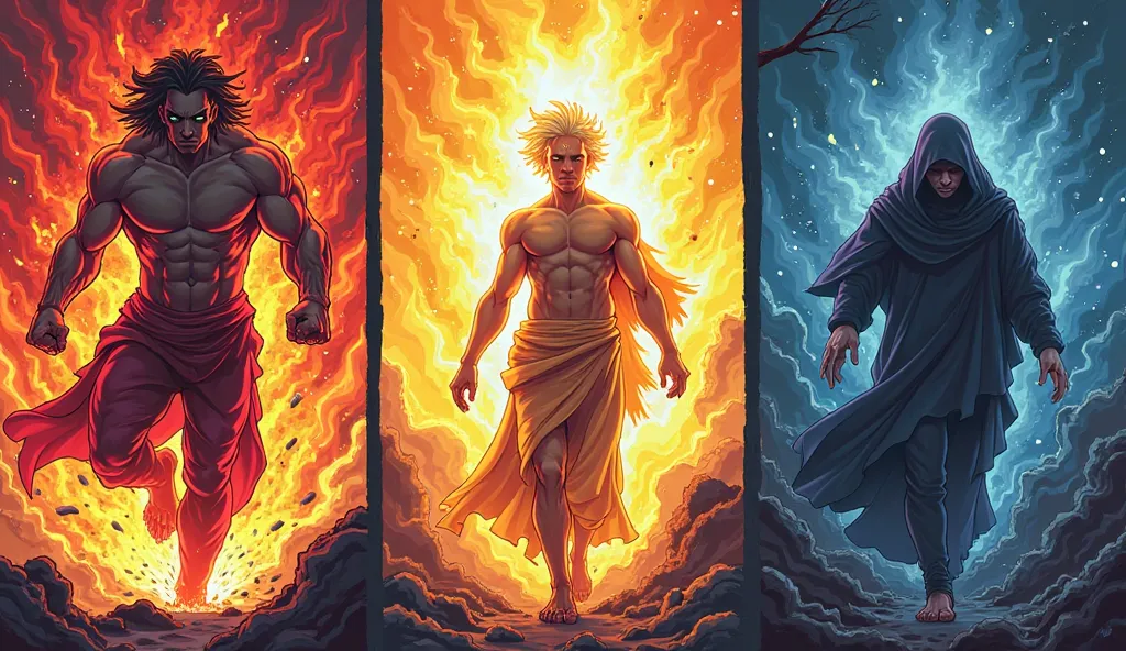 "A vibrant anime-style comic strip illustration divided into three vertical sections, representing 'The Three Forces That Shape Your Mind'—Sattva, Rajas, and Tamas. On the left, a fiery red muscular man figure in motion, surrounded by swirling flames, repr...