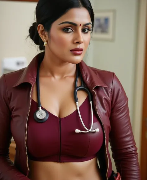 Whaeatish skin woman doctor wearing wine leather coat, stethoscope hanging around her neck, bindi in head, sweaty body, red glossy lips, wearing ear rings, little bit thick, black hair tied up in a tight bun, inside clinic, holding large leather handbag in...