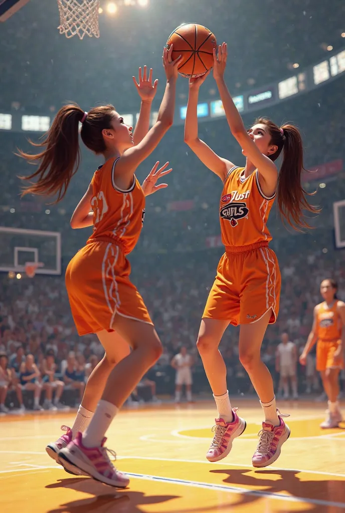 A young 15-year-old princess playing basketball in an orange uniform with the Just Girls logo receiving a pass from another 15-year-old princess making a basket of 3 on the NBA court