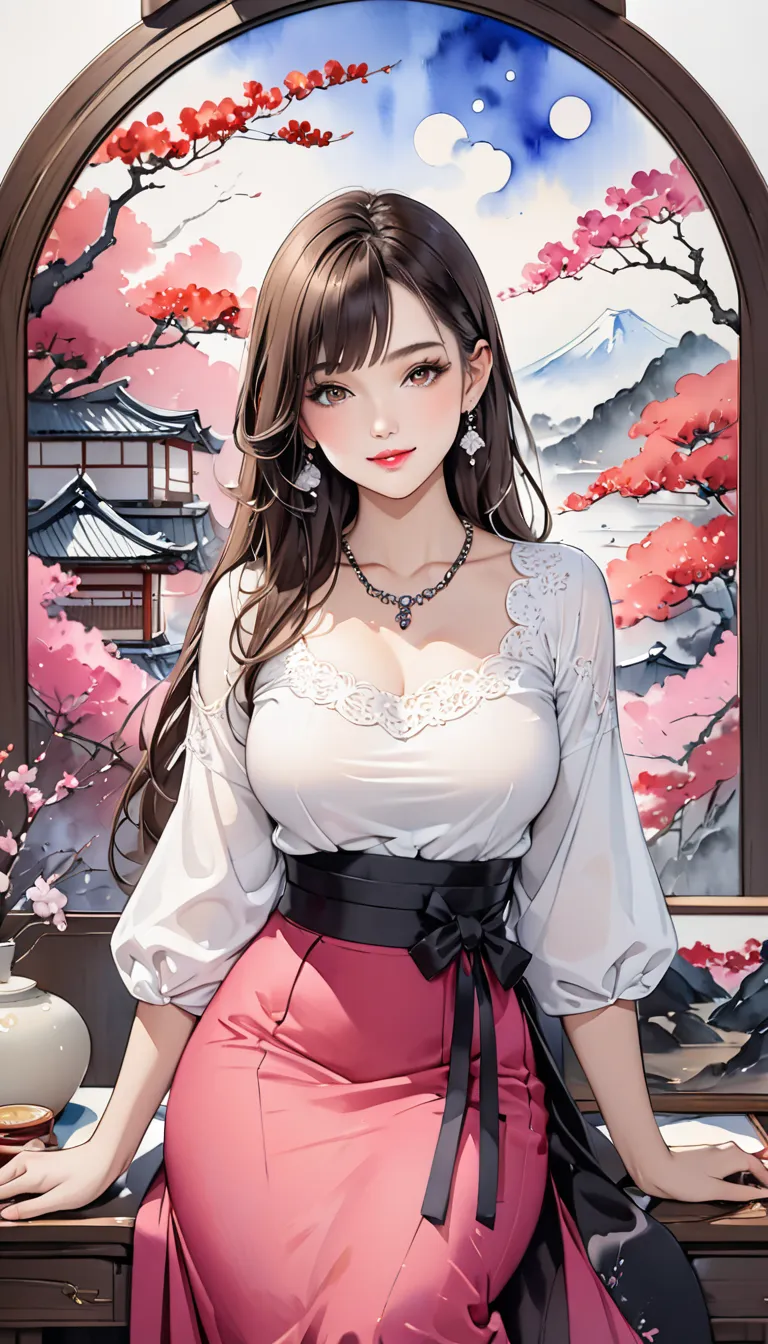 (masterpiece,  HD , HD, 8k,  Highest quality), Japanese painting,   A fusion of watercolor and oil painting ,  One Young and Beautiful Woman, Brown-black long hair ,  beautiful brown eyes, pink lips, perfect style, Perfect face ,  moderate breast size, ear...