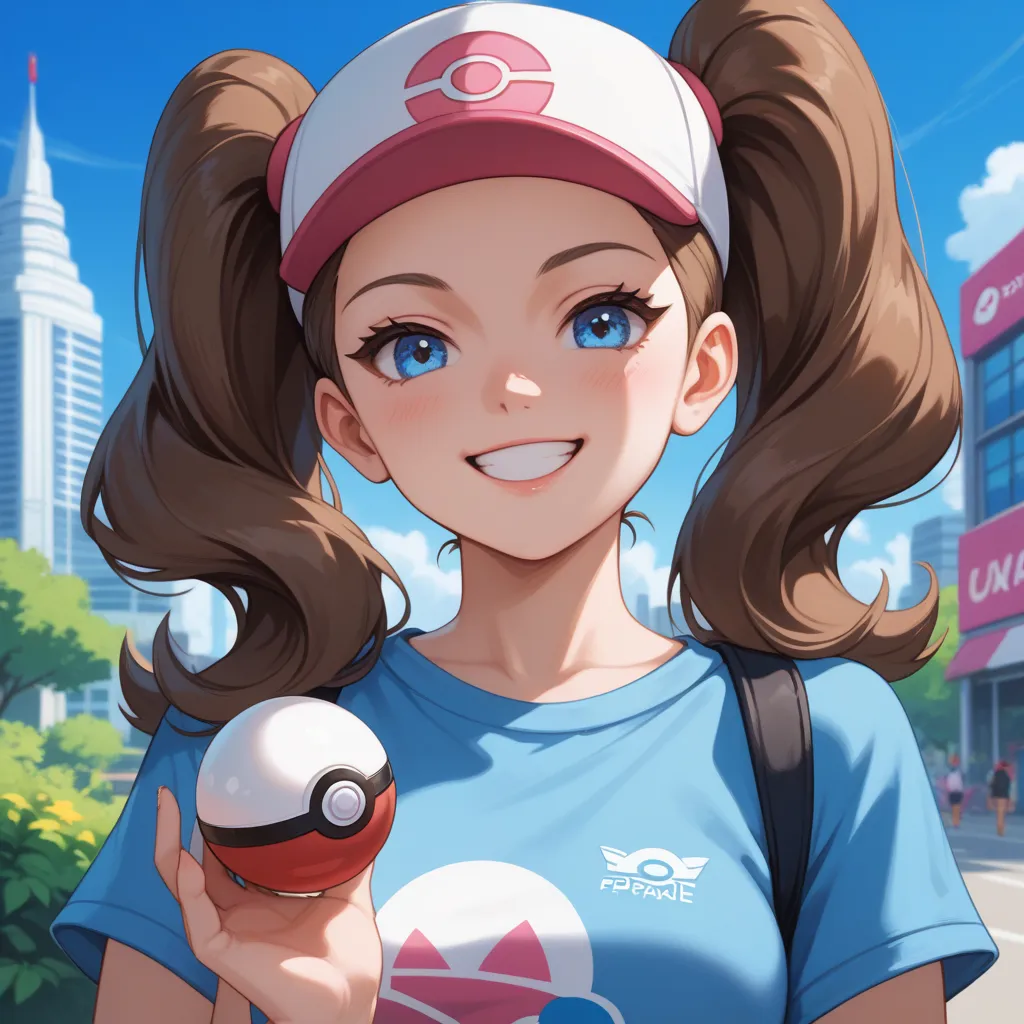 A young girl with brown hair styled in two large pigtails, wearing a pink and white cap, is holding a Poké Ball in her right hand. She has bright blue eyes and a wide, cheerful smile, displaying enthusiasm. Her outfit consists of a light blue shirt with a ...