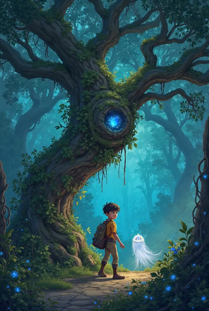 Scene 2: The Forest’s Secret
"A magical forest with glowing plants and sparkling mist. A tiny glowing creature leads the boy to an ancient tree with a cracked, flickering blue gemstone."
