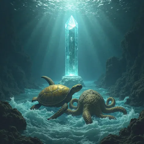 Generate a realistic drawing showing the following scene: the golden-hooded turtle and the large octopus face the strong currents as they descend into the depths of the lake. Each movement requires effort, but the sight of the tall dark green and bright cy...