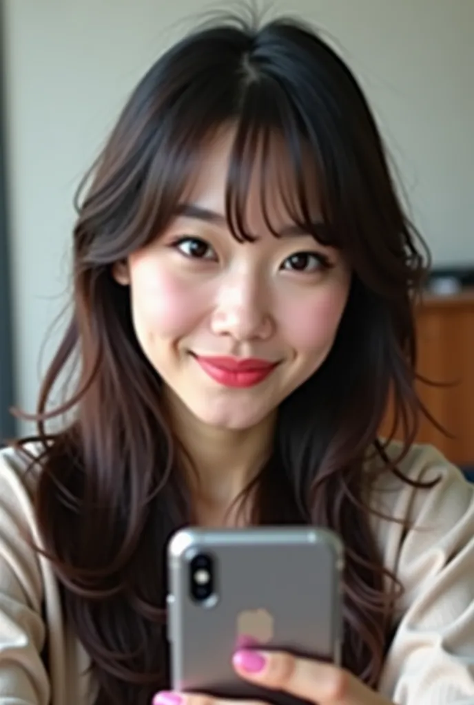 there is a woman that is taking a selfie with her cell phone, a picture inspired by Kim Jeong-hui, reddit, tachisme, cindy avelino, 2 , south east asian with round face, with round face, 2 , with long hair, 2 , with short hair, with bangs, 2 