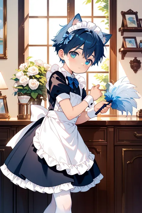  a boy，cute， blue short hair ，Cat ears， Shota，maid outfit，white stockings