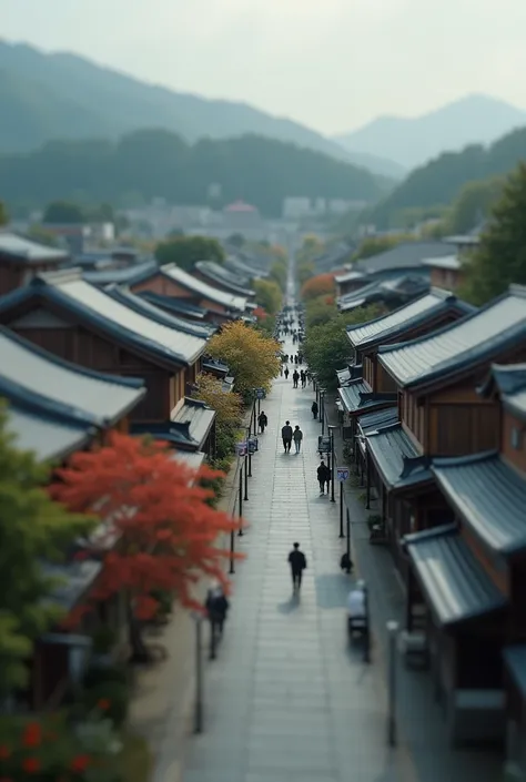 Miniature photography, Kyoto, Japan、wide shot, Bokeh, from above, town