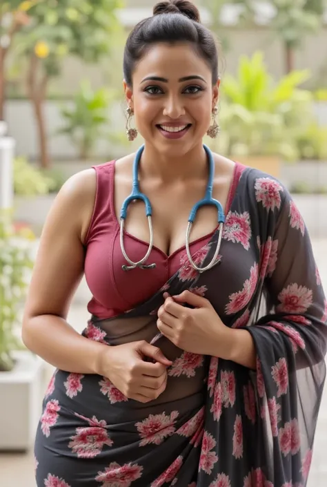 Indian beautiful woman sexy doctor bhabhi, dark red colour Sleeveless leather blouse,very deep cleavage, blue stethoscope draped around her neck, curvy plus size model wearing transparent black floral saree,bindi on fore head,facing to camera in standing i...