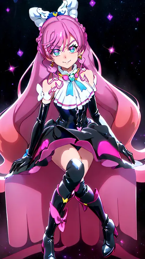 best quality, ultra detailed,1girl, solo, ((cure_prism_hirogaruskyprecure)), long hair, green eyes, pink hair, bow, bangs, black bow, 1girl, , gloves, holding, looking at viewer, black gloves, earrings, black skirt with frills, , black enamel boots, evil s...