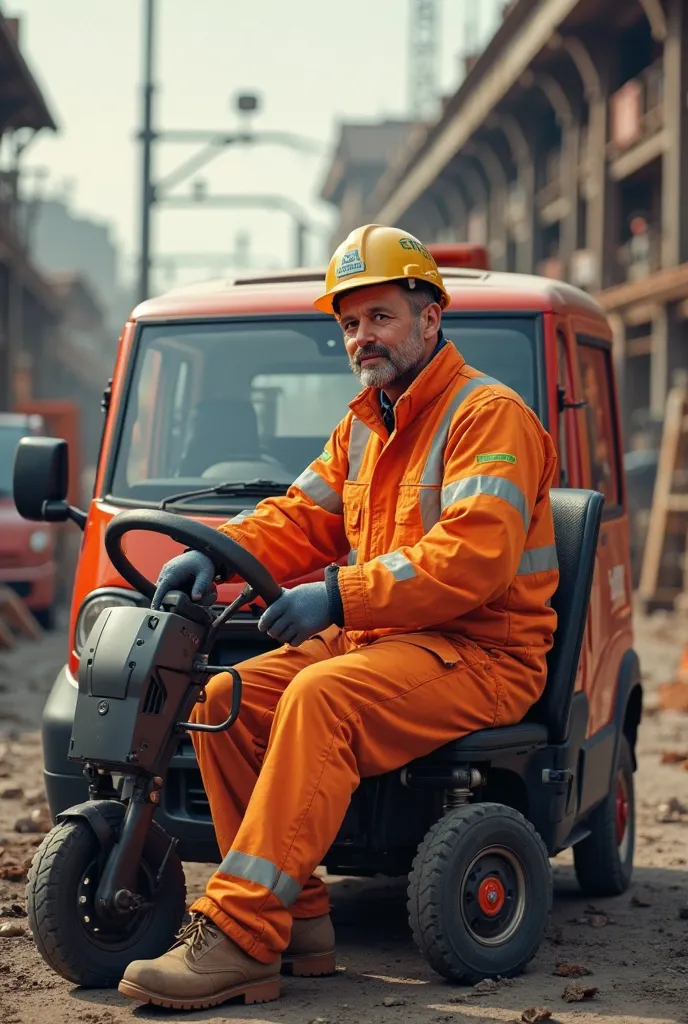 car Image of an SNCF agent in orange construction site clothes , At the wheel of a Citroen Ami