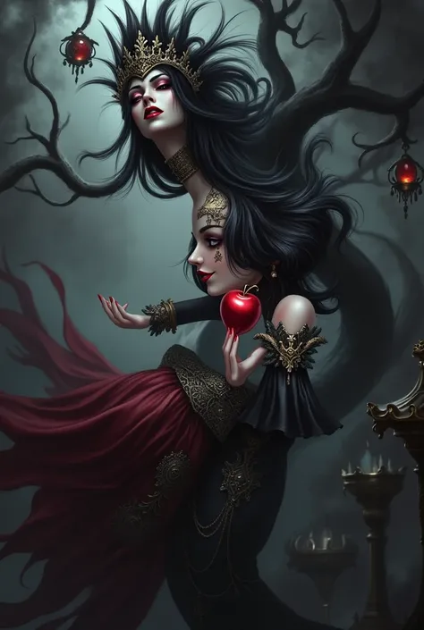 girl,long black hair，Black Queen ， accessories ， Apple in Hand ，Poison Apple， Witch Queen ，Red lipstick