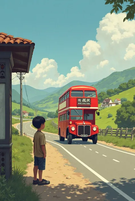 A boy waits for a high-decker red bus at a bus stop on a rural national highway with a rural landscape