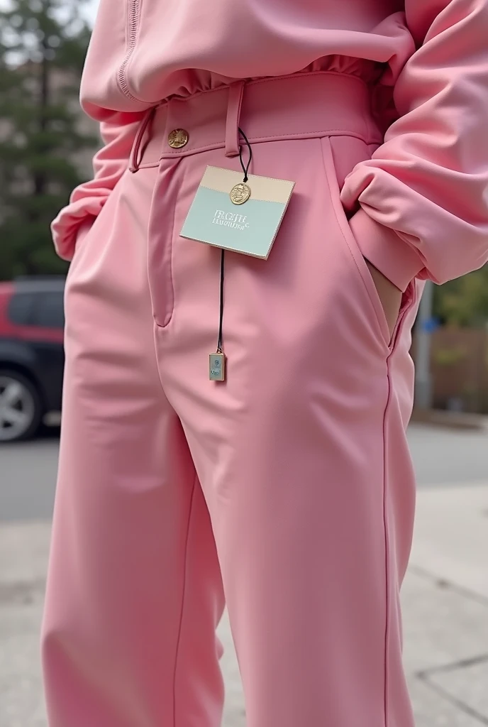 a close up of a pink pants with a tag on it, a screenshot inspired by Esaias Boursse, instagram, optical illusion, trending on r/streetwear, 🎀 🧟 🍓 🧚, wearing a fisher 🧥, 😭 🤮 💕 🎀, pink clothes, ebay product, never seen before, 🐋 as 🐘 as 🤖 as 👽 as 🐳