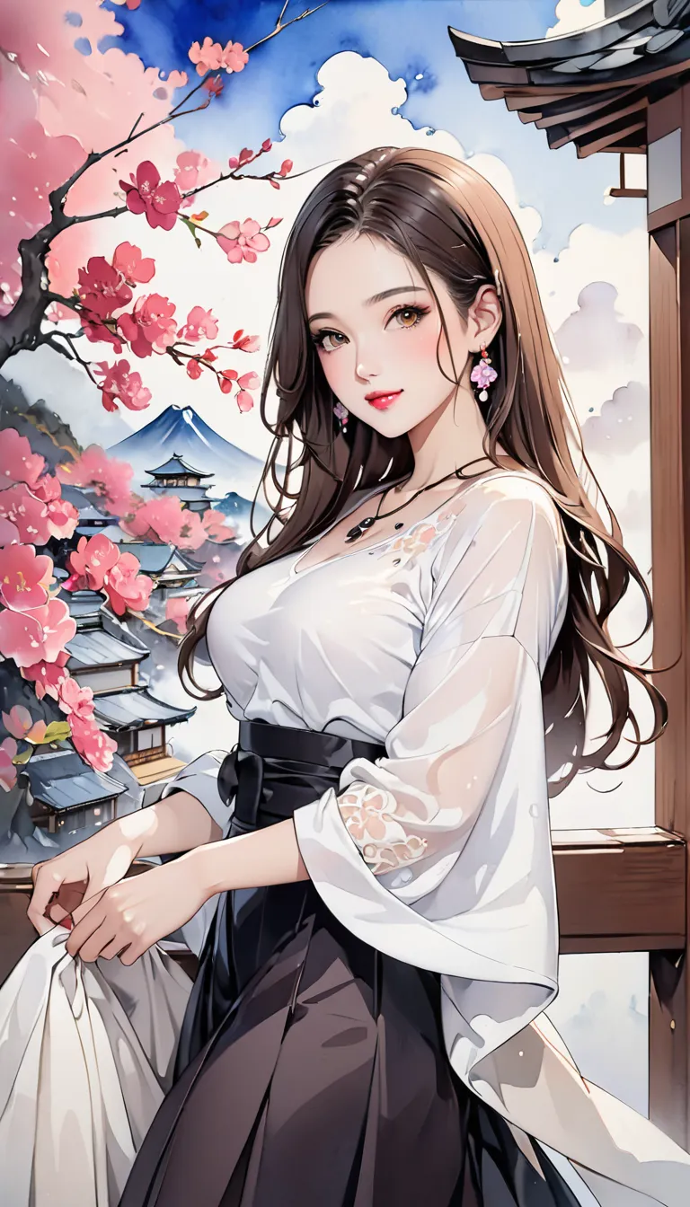 (masterpiece,  HD , HD, 8k,  Highest quality), Japanese painting,   A fusion of watercolor and oil painting ,  One Young and Beautiful Woman, Brown-black long hair ,  beautiful brown eyes, pink lips, perfect style, Perfect face ,  moderate breast size, ear...