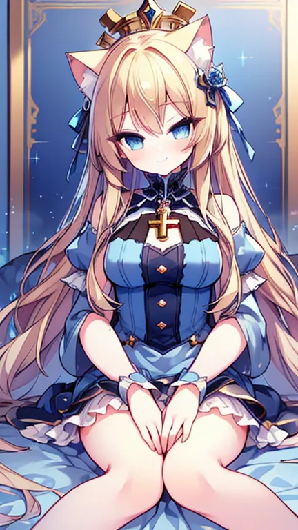 (High Resolution、masterpiece、correct、anatomically correct、Highest quality、high detail、very detailed、)、Cat ears、blond hair、 long hair、 beautiful blue eyes、Sparkle in the eyes、detailed eyes、detailed eyes、princess、miniskirt、Blue dress 1 .2、 cute face、 perfect...