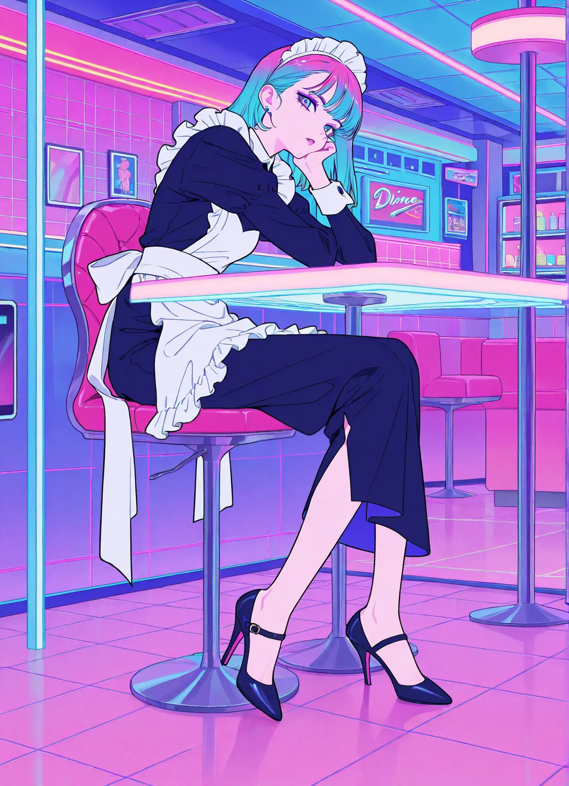 woman focus, Flat color, cool beauty, gradation color hair, slender body, sit in rest , maid exotic fashion, diner room, neon color, Vaporwave, girl in the glass box, High  resolution,