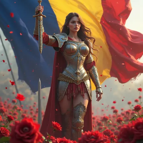 brunette warrior female elegant armour with shine sword and giant royale wolf, the Romanian flag in her hand, roses red on the floor