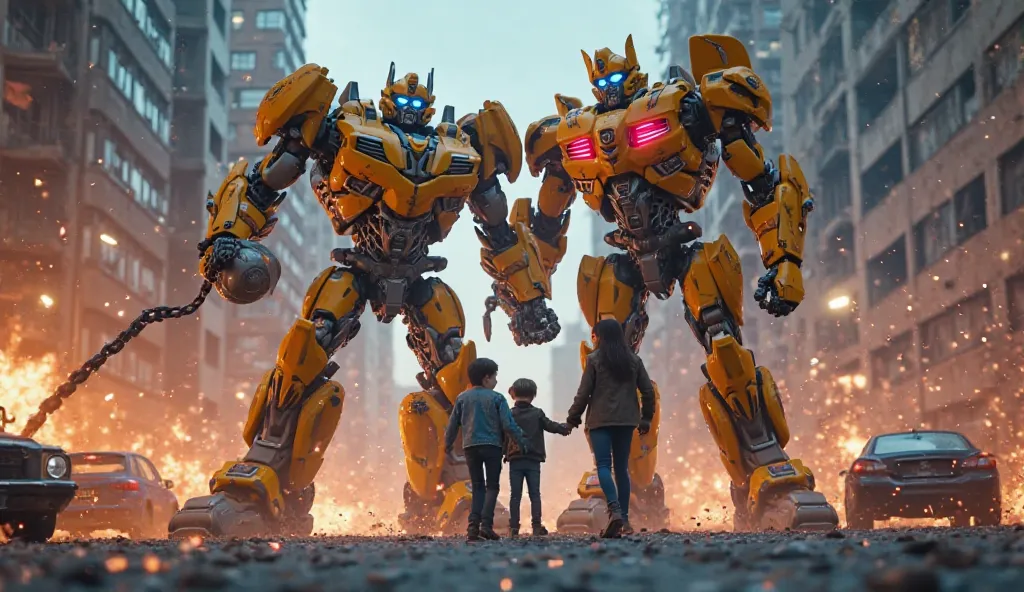 **"Create a high-action, ultra-realistic 4K YouTube thumbnail featuring Bumblebee and Barricade as towering giants, as large as houses and buildings, engaged in a fierce battle. Bumblebee should be in an aggressive stance, his yellow armor reflecting city ...