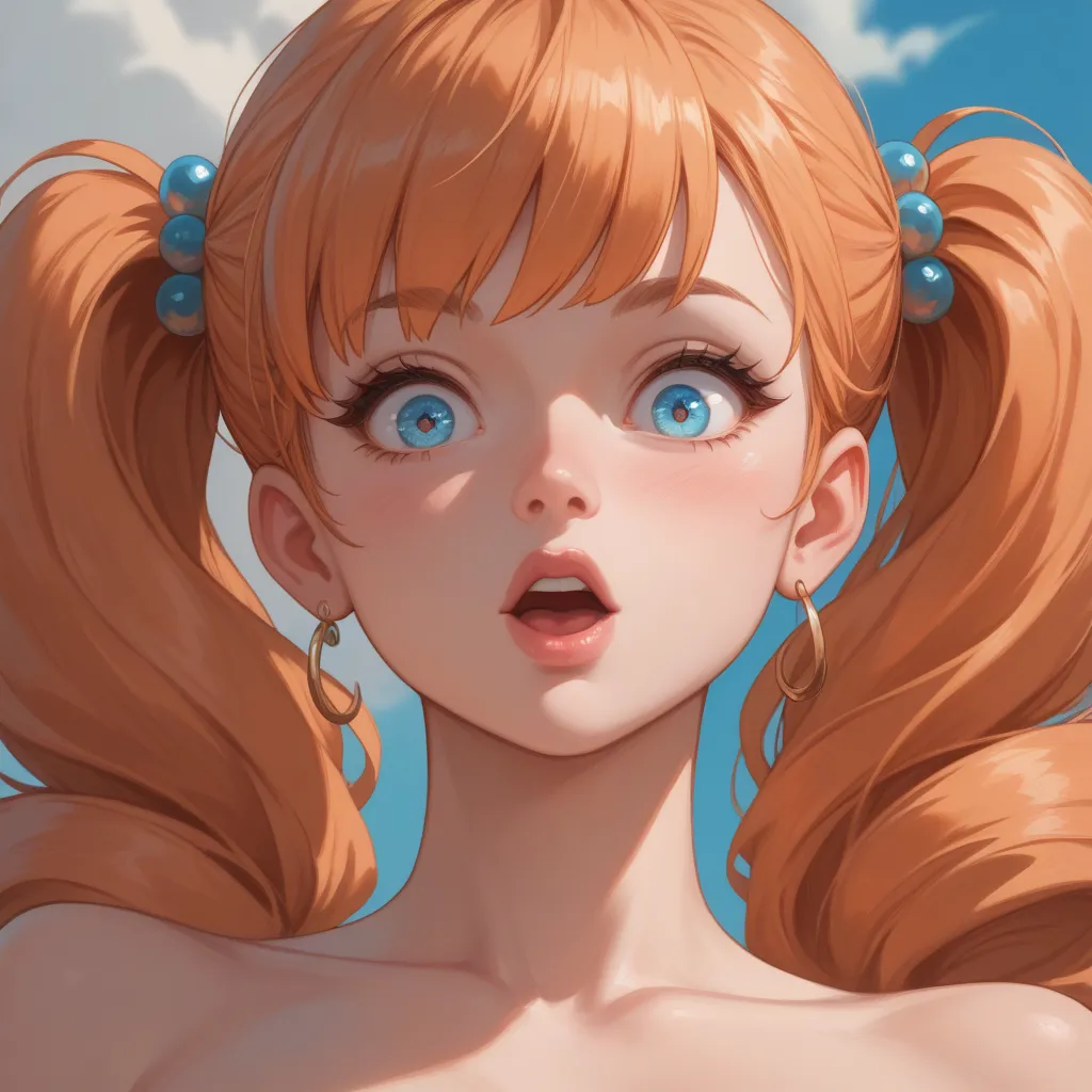 A young, light-skinned anime girl, positioned in the center of the image, is depicted in a close-up view. Her hair is bright orange, styled in two pigtails.  She is looking directly at the viewer with wide-open eyes, and her mouth is open in a surprised or...