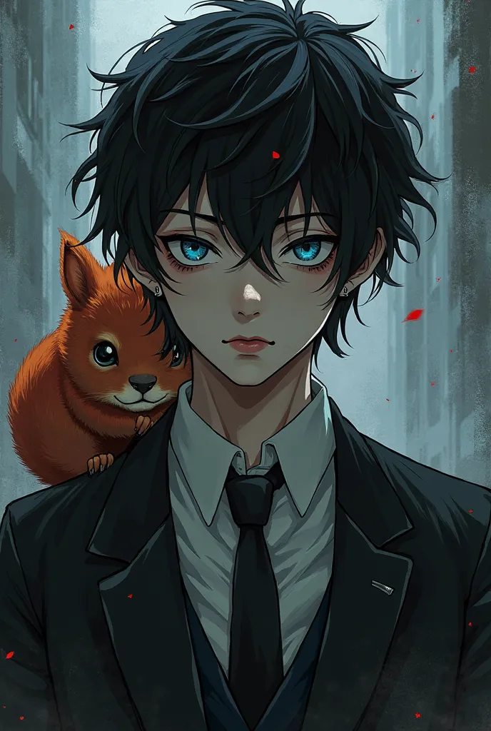 The character from Manhwa. Short and black hair. Septum in the nose and two punctures under the lip.  Business style .  eyes are blue, and the squirrel is reddish. A muscular and serious.