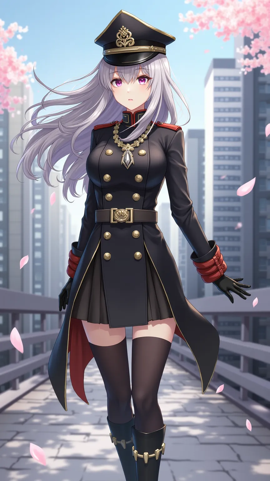 The、female soldier with a dignified vibe。long gray hair swaying in the wind、wears a uniform with a gold patch on a black military cap。uniform sitting on the background of the city is based on black、accented with a red epaulette and gold buttons。wears a dec...