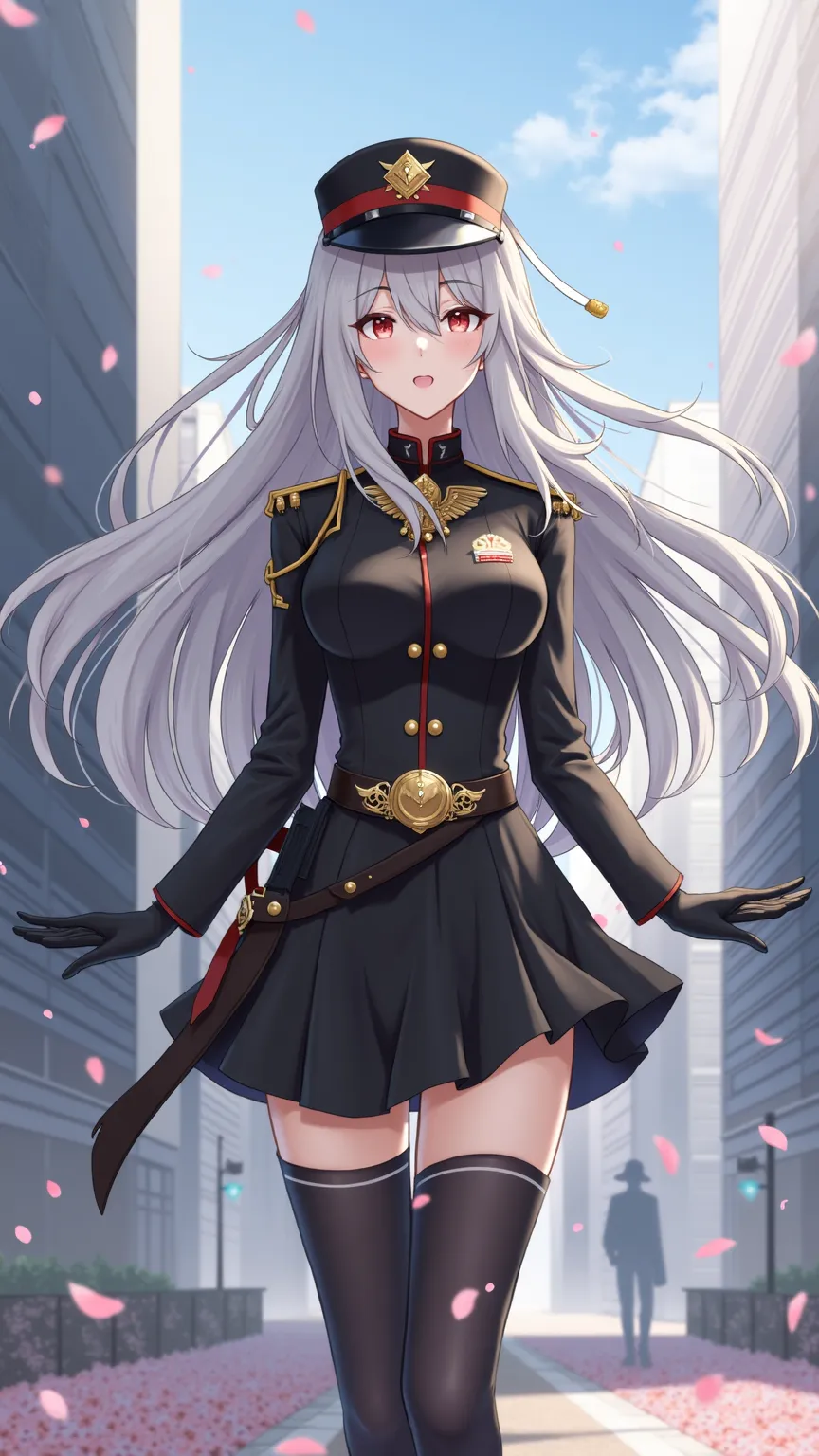 The、female soldier with a dignified vibe。long gray hair swaying in the wind、wears a uniform with a gold patch on a black military cap。uniform sitting on the background of the city is based on black、accented with a red epaulette and gold buttons。wears a dec...