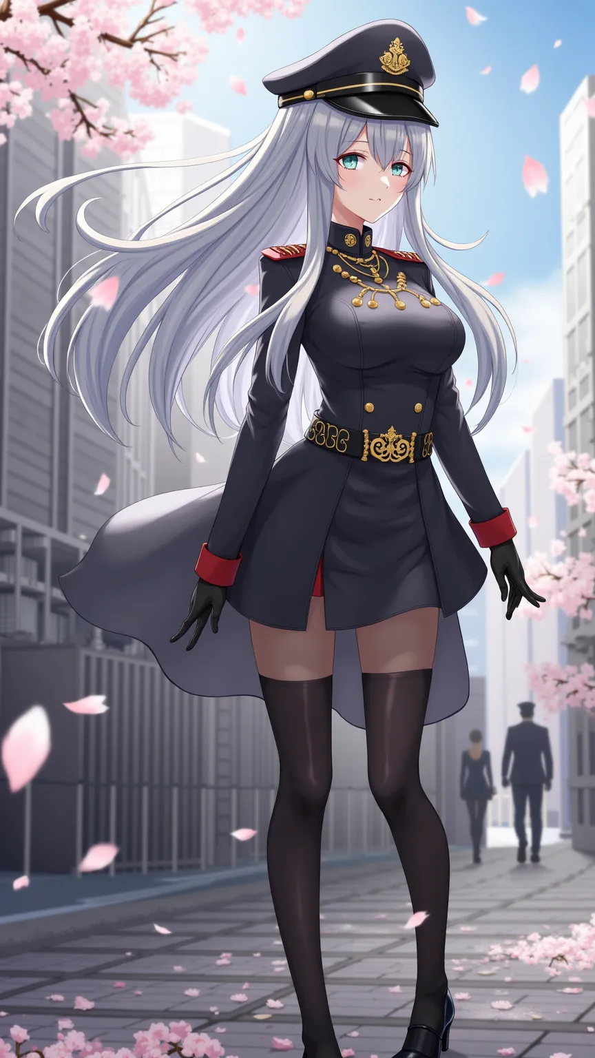 The、female soldier with a dignified vibe。long gray hair swaying in the wind、wears a uniform with a gold patch on a black military cap。uniform sitting on the background of the city is based on black、accented with a red epaulette and gold buttons。wears a dec...