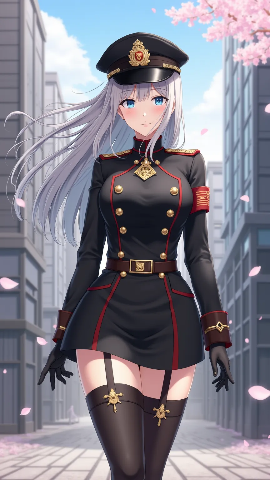 The、female soldier with a dignified vibe。long gray hair swaying in the wind、wears a uniform with a gold patch on a black military cap。uniform sitting on the background of the city is based on black、accented with a red epaulette and gold buttons。wears a dec...