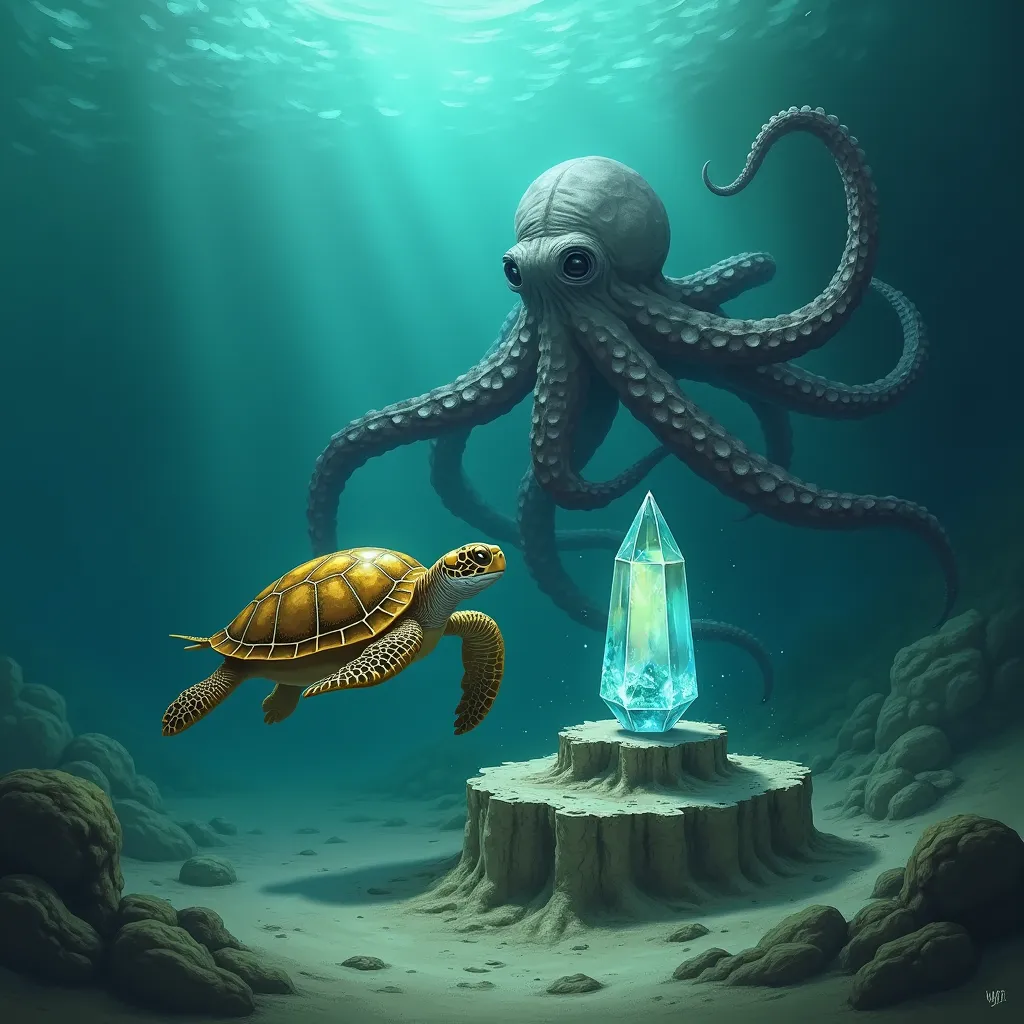 Generate a realistic drawing showing the following scene: the golden-hooded turtle and the large octopus face the strong currents as they descend into the depths of the lake. Each movement requires effort, But the sight of the pointed cylindrical crystal, ...