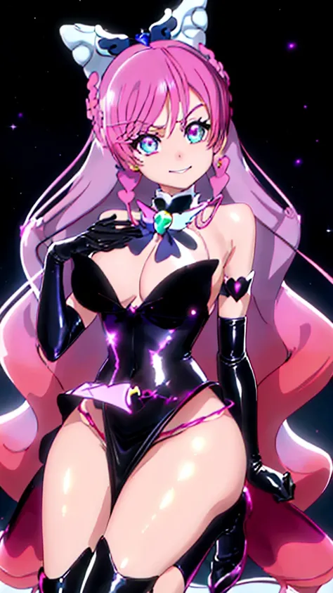 best quality, ultra detailed,1girl, solo, ((cure_prism_hirogaruskyprecure)), long hair, green eyes, pink hair, bow, bangs, black bow, 1girl, , gloves, holding, looking at viewer, black gloves, earrings, black skirt with frills, , black enamel boots, evil s...